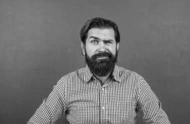 insan duygularını ifade etmek. Yeşil arka planda sakallı beyaz bir hippi. Tahtanın arka planında kafası karışmış olgun bir öğretmen. Vahşi sakallı adam sıradan bir kareli gömlek giyer. Çok yakışıklı.