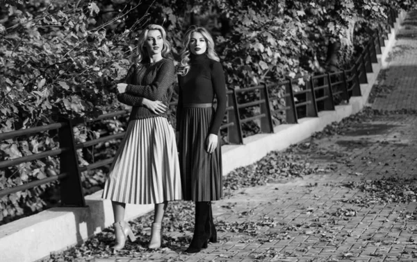 Modieuze kleren. Vrouwelijkheid en tederheid. Vrienden meisjes. Herfst mode. Gevouwen rok mode trend. Vrouwen wandelen in het herfstpark. Herfst stijlvolle outfit. Schattige dames genieten van zonnige herfstdag — Stockfoto