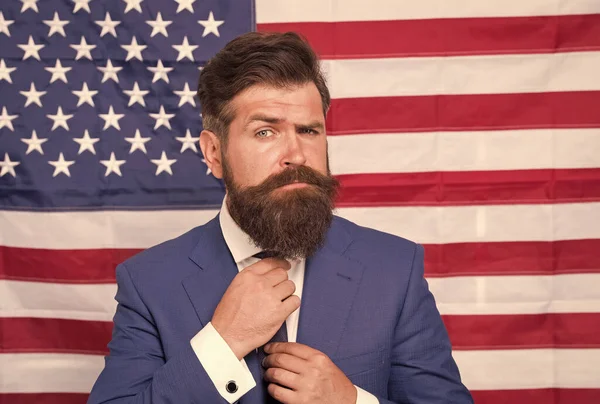 TV host. National holidays. Proud of motherland. American reform. July 4. American citizen usa flag. American citizen. Happy celebration of victory. Bearded hipster man being patriotic for usa