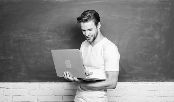 Online communications. School teacher with laptop. Handsome man use modern technology. Digital technology. Programming web development. Digital concept. Student learn digital world. Surfing internet — Stock Photo, Image