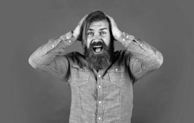 Şaşırmış sakallı adam. insan duygularını ifade etmek. Saç ve sakal bakımı. Kendine güvenen ve yakışıklı vahşi bir adam. Sakallı, olgun bir hippi. Bıyıklı vahşi hippi. Erkek berber bakımı. Bu ne sürpriz.