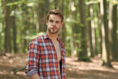 Tıraşsız yüzü olan yakışıklı adam yaz doğasında açık ekose gömlek giyer.