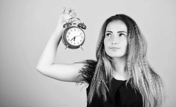 Lack of time. bell is ringing. good morning. woman being late. business deadline. time management. time zone. punctuality and discipline. girl hold alarm clock. regime early awakening — Stock Photo, Image