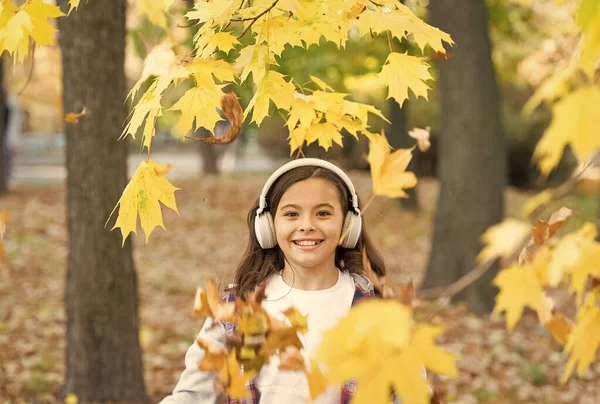 Chrupiące jesienne powietrze. Szczęśliwy uśmiech małego dziecka słuchającego muzyki w jesienny dzień. Dziewczynka bawi się na świeżym powietrzu na jesiennym krajobrazie. Powąchaj chrupiące powietrze i poczuj liście — Zdjęcie stockowe