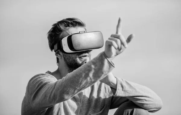 New reality is here. guy virtual reality. create own business. Digital future and innovation. male reality. looking so modern. sexy man sky background vr glasses. macho man wear wireless VR glasses.