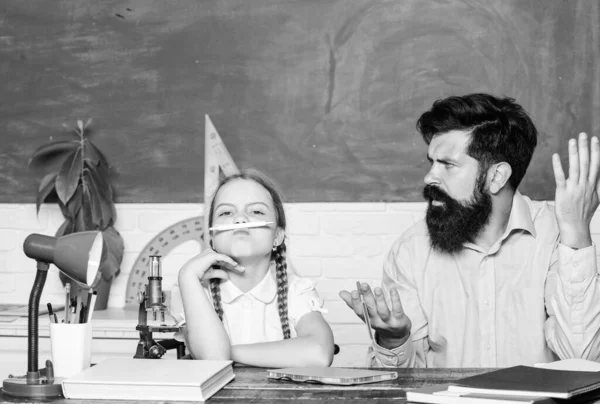 Homeschooling concept. biology chemistry lesson. back to school. math geometry. education and knowledge. father and daughter study in classroom. bearded man teacher with small girl in classroom — Stock Photo, Image