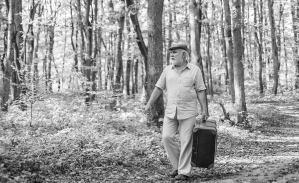 Farfar med vintage resväska i naturen. Förenat med naturen. Helg i naturen. Äldre människor. Semester och koppla av. Pensionskoncept. Gammal man med vitt skägg i skogen. Hobby och fritid — Stockfoto