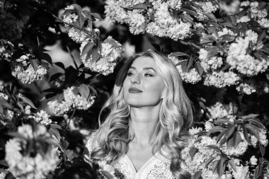 Şefkat ve kadınlık. Kiraz ağacı. Çiçek aroması. Çiçeklerin kadınları mutlu etmesinin nedenleri. Mutlu bahar günleri. Bahar sembolü Kız bahçedeki sakuranın tadını çıkarıyor. Dinlen ve tatil yap. Bahar çiçekleri.