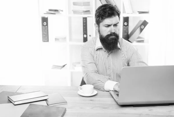 Empezando negocios en línea. Hombre barbudo trabaja en línea en la oficina. Marketing digital. Arranca. Plataforma freelancer. Tecnología moderna. Comunicación empresarial. Navegación por Internet — Foto de Stock