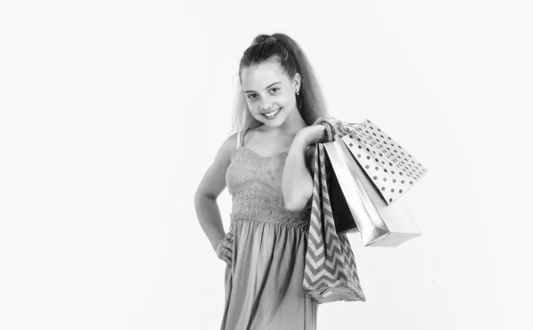 Perfect day. happy childhood. shopaholic. sales and discounts. happy girl hold shopping bags. — Stock Photo, Image