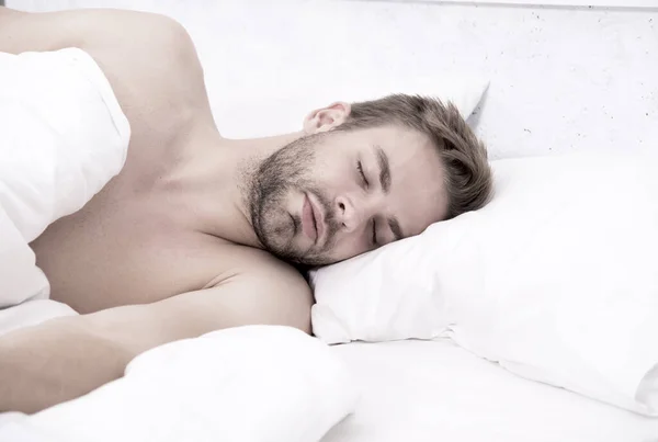 Circadian rhythm regulates sleep wake cycle. Man handsome unshaven guy in bed. Enough amount sleep every night. Tips sleep better. Bearded man relaxing on pillow. Soft pillow. Health care concept — Stock Photo, Image