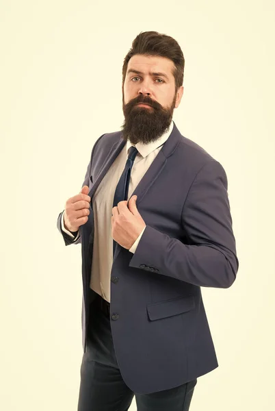 Modern businessman ofiice worker. Office life concept. He knows who is boss here. Bearded man confident posture isolated white. Hipster with beard formal suit office worker.Businessman formal suit — Stock Photo, Image