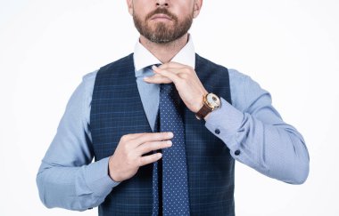 Kırpılmış iş adamı kravatı beyaz, moda aksesuarına izole edilmiş.