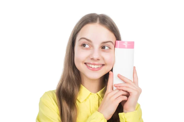 So cute. child cleaning hair with shampoo. daily habits and personal care. condition hair — Stock Photo, Image