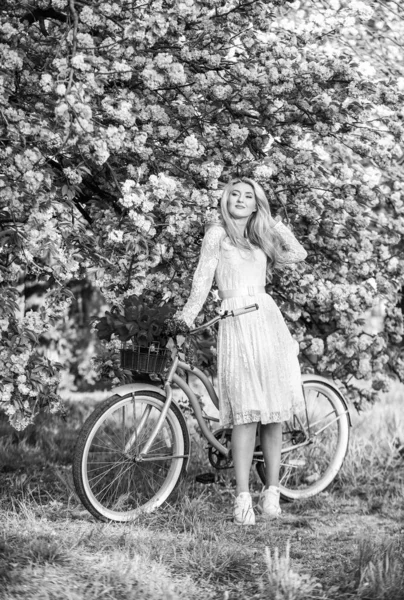 Estilo primavera. flor de cerejeira rosa. menina transportar flores em bicicleta retro. Primavera mulher bonita no vestido. menina com bicicleta vintage. árvore sakura florescente. moda de verão e beleza. senhora passeio no parque — Fotografia de Stock