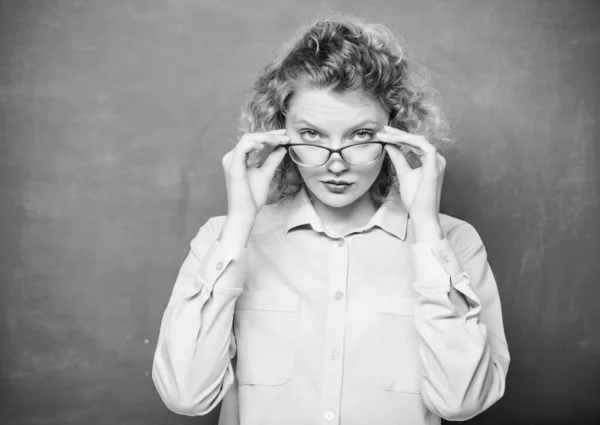 I see you. girl teacher at school lesson. new school year. Girl prepare for exams. Formal informal and nonformal education. back to school. empty blackboard. sexy student in glasses at blackboard — Stock Photo, Image