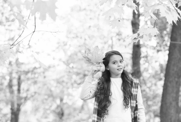 Glückliches Teenager-Kind hört Musik mit Kopfhörern im herbstlichen Wald mit wunderschöner saisonaler Natur oder hat Online-Unterricht, Herbst — Stockfoto