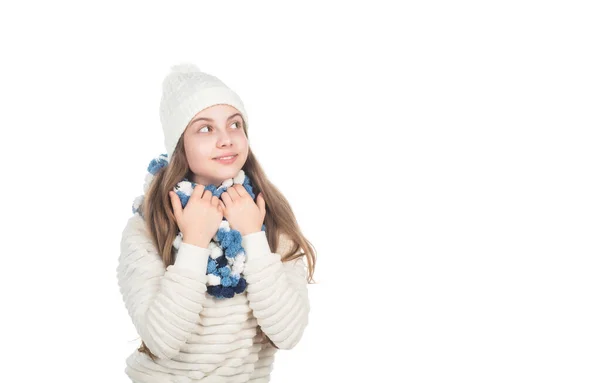 Loving her new style. small kid wear knitted scarf isolated on white. child in hat and sweater. — Stock Photo, Image