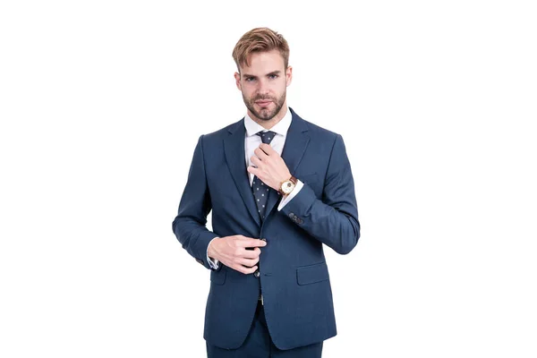 Hombre de negocios seguro de sí mismo en traje de negocios y reloj de pulsera aislado en blanco, la perfección. — Foto de Stock