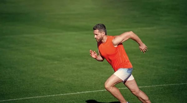 Энергичный спортивный мускулистый бегун, бегущий на свежем воздухе по зеленой траве, пространство для копирования, успех — стоковое фото