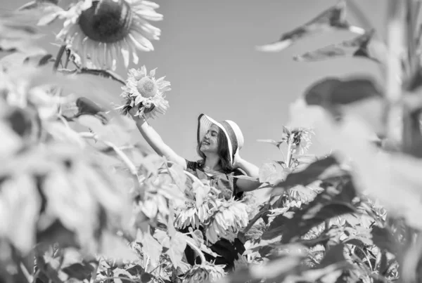 Presentes da natureza. infância feliz. O miúdo usa chapéu de verão de palha. criança em campo de flores amarelas. menina adolescente no campo de girassol. conceito de férias de verão. colheita rica e agricultura — Fotografia de Stock