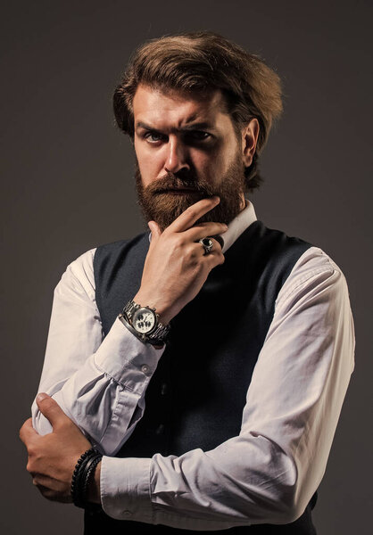 Man serious bearded businessman stylish formal outfit, fashion accessory concept