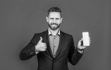 İş iletişimi. Başarılı erkek CEO. Güven ve başarı. Ofis çalışanı telefonu kullan.