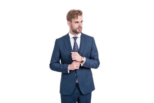 Férfi formális divat. Főnök karórával. magabiztos üzletember elszigetelt fehér. — Stock Fotó