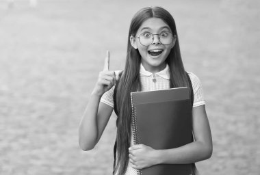 Bir fikrim var. Mutlu çocuk dışarıda parmak kaldırarak kitap tutuyor. Yaratıcı ve yenilikçi bir fikir. Okula dönelim. Yaratıcılık ve yenilik. Eğitim, düşünmek için zihni eğitmektir.