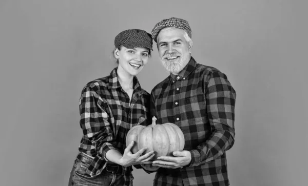 Symbol of the celebration. happy man and woman checkered shirt and hat. Give Thanks. Harvest time. Yellow ripe pumpkin. Thanksgiving Day with pumpkin. Vintage family couple. food and harvest — Stock Photo, Image