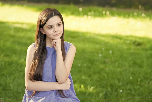 Cuidado de salón para cada necesidad de cuidado del cabello. Niño pequeño relajarse verano al aire libre. Peluquería. Niña con peinado largo. Salón de belleza. Niños peluquero. Cuidado del cabello del salón. Buscando peluquero, espacio para copiar — Foto de Stock