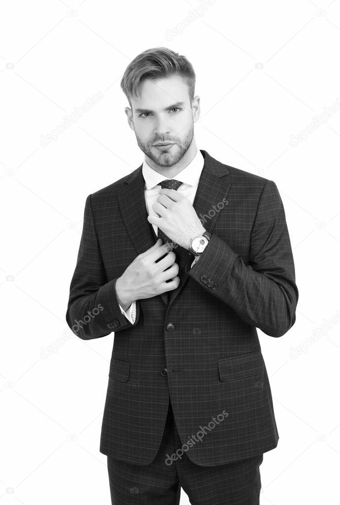 Assistant manager fix necktie wearing elegant vested blue suit in formal fashion style isolated on white, formalwear