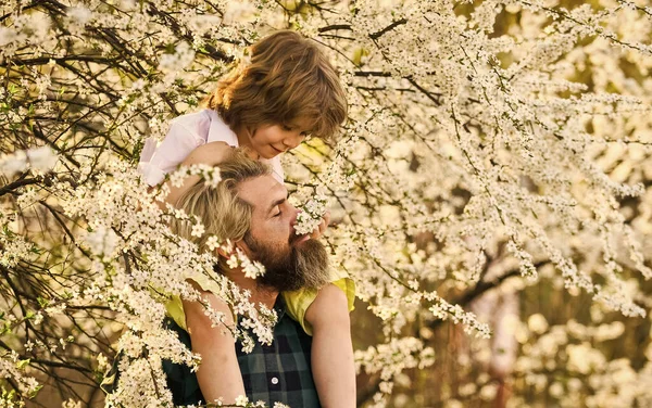 Playing with daddy. childhood and parenthood happiness. love and support. father and son at tree. spring time together. little boy feel happy with dad. family having fun. blossoming tree in park — Stock Photo, Image