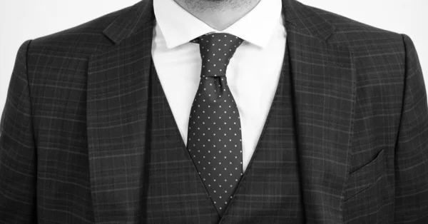 Kravata patří do vesty. Vestavěný třídílný oblek s kravatou. Kolekce kravat. Módní doplněk. Formální styl. Stylový mužský šatník. Společenská příležitost. Obchodní schůzka. Vázaný uzel s extra opatrností — Stock fotografie