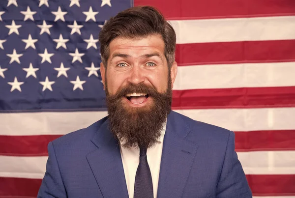 July 4. American citizen usa flag. American citizen. Elections in USA. National holidays. Celebration of victory. Bearded hipster man being patriotic for usa. Proud of motherland. American reform — Stock Photo, Image