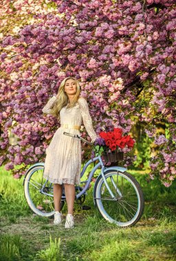 Bahar tarzı. Pembe kiraz ağacı çiçeği. Kız geçmişe dönük bisikletle çiçek taşıyor. güzel bir kadın giyinmiş. Klasik bisikletli kız. Çiçekli sakura ağacı. Yaz modası ve güzellik. Bayan parkta yürüyor.