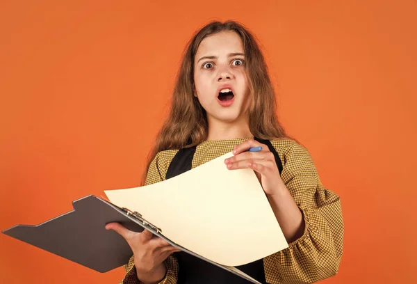 Oh no. back to school. sad child with folder. childhood development. smart kid model holding school folder. making notes. teen girl ready to work. writing and reading info. student concept — Stock Photo, Image
