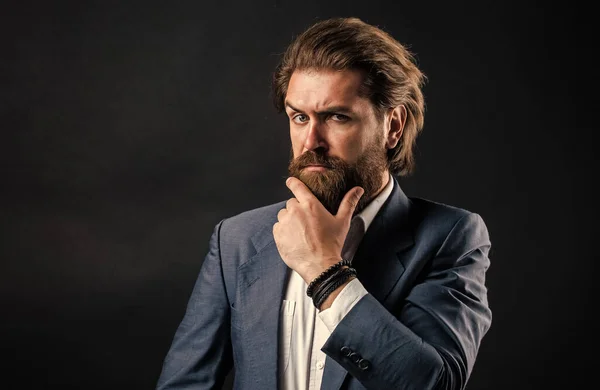 Handsome and successful man in expensive suit. He in shirt with hand watch. stylish successful man in suit posing. business man wear suit. official office lifestyle. serious bearded man — Stock Photo, Image