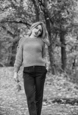 Sonbahar parkında yürü. Süslü kız örgü süveter giyiyor. Tarz tamamen denge ile ilgilidir. Yünlü süveter içinde kendini rahat hisseden muhteşem bir bayan. Moda kıyafetleri. Kadınlar kalın süveter giyer. Arka plan odaklanmaz.