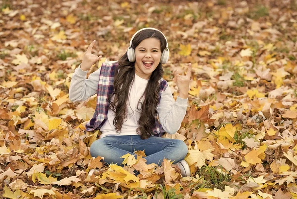 気が狂ってる。子供の頃の幸せ。美しさと自然。幸せな子供はヘッドフォンを着用する。10代の女の子は学校に行く途中で音楽を聴く。子供は秋の森でリラックス。公園にもみじの葉が落ちる。オンライン教育 — ストック写真