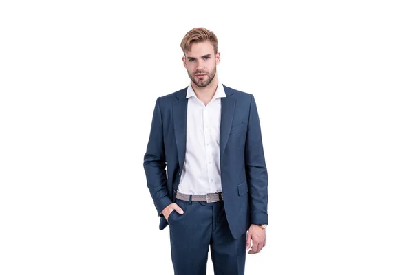 Hombre de negocios exitoso confiado en traje de negocios aislado en blanco, moda formal — Foto de Stock