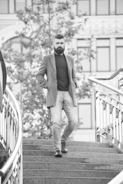 Sakallı, olgun bir hippi. Bıyıklı, vahşi, beyaz bir hippi. Erkek berber bakımı. Sıradan moda güzelliği. Modern hayat. Kendine güvenen ve yakışıklı vahşi bir adam. Moda işadamı