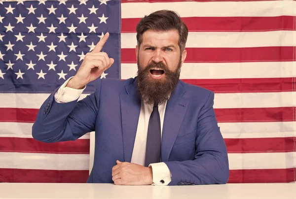 Elections and debates. Every vote matters. National holidays. Celebration of victory. Bearded hipster man being patriotic for usa. American reform. July 4. American citizen usa flag. American citizen — Stock Photo, Image