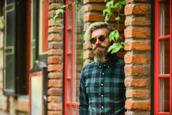 Cool mec. Chemise homme barbu à carreaux. Cheveux et barbe teints Hipster. Coiffeur et salon de coiffure. Homme brutal avec des cheveux blonds fond de l'architecture irlandaise. Homme mode décontractée. Hipster en lunettes de soleil — Photo