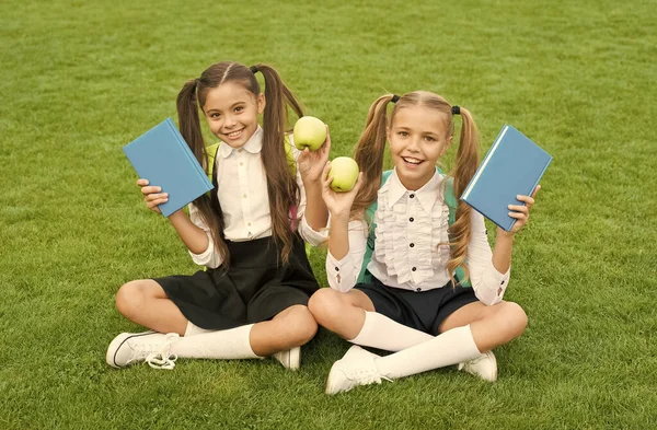 Crianças de escola perfeitas sentam-se na grama com livros, conceito de tempo escolar — Fotografia de Stock