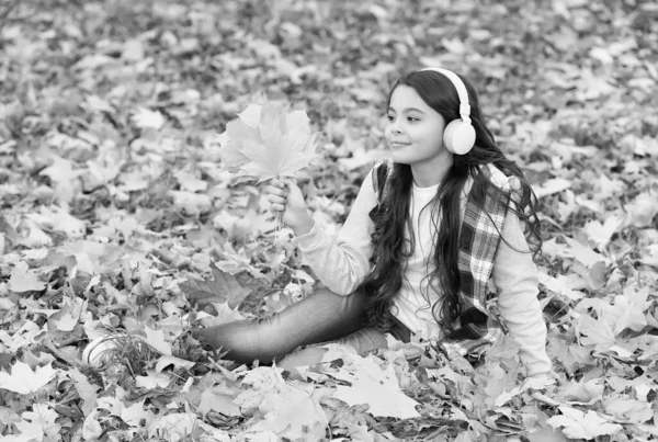 Szczęśliwy nastolatek słuchać muzyki noszącej słuchawki w jesiennym lesie z piękną sezonową naturą lub mając lekcje online, nowoczesna technologia — Zdjęcie stockowe