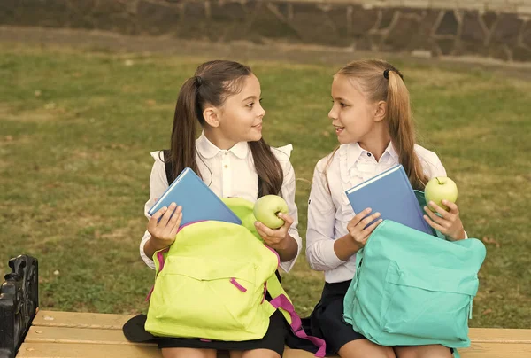 Beginning their knowledge journey. Happy girls back to school on September 1. Little children on September 1. Startup. September 1. Knowledge day. Start of new school year. September 1st — Stock Photo, Image