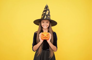 Mutlu çocuk Cadılar Bayramı 'nda büyü yaratmak için sihirli değnek ve balkabağı kabağı taşıyan cadı şapkası takar. Mutlu cadılar bayramı.