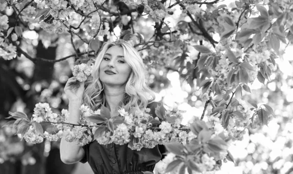 Bu benim en iyi yaz tatilim. Kiraz ağacı bahçesinde sağlıklı bir kız. Klasik yaz modası. Parkta bahar doğası çiçek açar. Retro kadın sakura çiçeği kokusu alıyor. Kaplıca ve güzellik tedavisi. yumuşak cilt bakımı