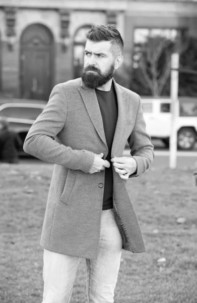 Brutal mature bearded man with moustache walking outdoor in trendy modern casual jacket, perfect style — Stock Photo, Image